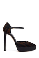 Woman Brown Ankle Buckle Platform Feather-Detail High Thin-Heeled Leather Shoes | Derimod Woman Brown Ankle Buckle Platform Feather-Detail High Thin-Heeled Leather Shoes | Derimod
