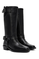 Women's Black Buckle Detailed Leather Cowboy Boots | Derimod Women's Black Buckle Detailed Leather Cowboy Boots | Derimod