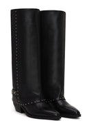Woman Black Studded Chunky-Heeled Leather Cowboy Boots | Derimod Woman Black Studded Chunky-Heeled Leather Cowboy Boots | Derimod