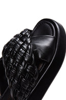 Women's Black Leather Braided Thick Soled Slippers | Derimod Women's Black Leather Braided Thick Soled Slippers | Derimod