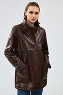 Dalida Women's Brown Oversize Leather Jacket | Derimod Dalida Women's Brown Oversize Leather Jacket | Derimod