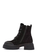 Women's Black Zippered Suede Leather Combat Boots | Derimod Women's Black Zippered Suede Leather Combat Boots | Derimod