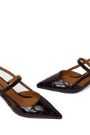 Woman Brown Open-Back Thin-Heeled Croc-Embossed Leather Shoes | Derimod Woman Brown Open-Back Thin-Heeled Croc-Embossed Leather Shoes | Derimod
