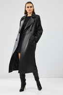 Nicole Women's Black Double Breasted Long Leather Trench Coat | Derimod Nicole Women's Black Double Breasted Long Leather Trench Coat | Derimod