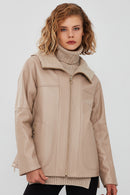 Roma Kadın Bej Kapüşonlu Çift Taraflı Oversize Deri Ceket | Derimod Roma Kadın Bej Kapüşonlu Çift Taraflı Oversize Deri Ceket | Derimod