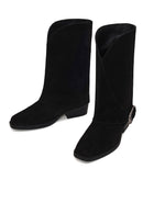 Woman Black Buckled Short Thick-Heeled Suede Boot | Derimod Woman Black Buckled Short Thick-Heeled Suede Boot | Derimod