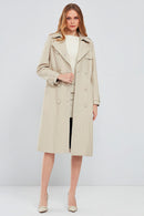 Fergie Women's Beige Long Leather Trench Coat | Derimod Fergie Women's Beige Long Leather Trench Coat | Derimod
