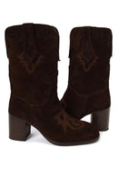 Woman Brown Thick-Heeled Patterned Suede Cowboy Boots | Derimod Woman Brown Thick-Heeled Patterned Suede Cowboy Boots | Derimod