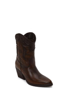 Woman Brown Short Chunky-Heeled Leather Cowboy Boots | Derimod Woman Brown Short Chunky-Heeled Leather Cowboy Boots | Derimod