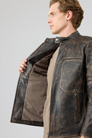Morant Men's Brown Vintage Slim-Fit Leather Jacket | Derimod Morant Men's Brown Vintage Slim-Fit Leather Jacket | Derimod