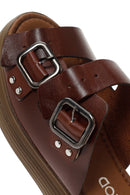 Women's Brown Thick Sole Buckle Leather Slippers | Derimod Women's Brown Thick Sole Buckle Leather Slippers | Derimod
