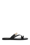 Women's Black Stoned Flip-Flop Leather Slippers | Derimod Women's Black Stoned Flip-Flop Leather Slippers | Derimod