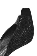 Women's Black Thick High Heeled Stoned Leather Slippers | Derimod Women's Black Thick High Heeled Stoned Leather Slippers | Derimod