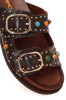 Women's Brown Studded Leather Slippers | Derimod Women's Brown Studded Leather Slippers | Derimod