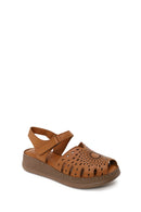 Woman Tan Patterned Thick-Soled Leather Comfort Sandal | Derimod Woman Tan Patterned Thick-Soled Leather Comfort Sandal | Derimod