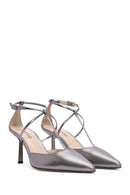 Women's Grey Ankle Strap Thin Heel Metallic Leather Shoes | Derimod Women's Grey Ankle Strap Thin Heel Metallic Leather Shoes | Derimod