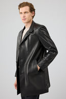 Barella Men's Black Collar Furry Leather Trench Coat | Derimod Barella Men's Black Collar Furry Leather Trench Coat | Derimod