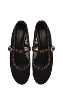 Women's Black Leopard Patterned Buckled Mesh Leather Ballerinas | Derimod Women's Black Leopard Patterned Buckled Mesh Leather Ballerinas | Derimod