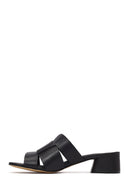 Women's Black Short Thick Heeled Leather Slippers | Derimod Women's Black Short Thick Heeled Leather Slippers | Derimod