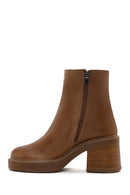 Women's Tan Zippered Thick Heeled Leather Boots | Derimod Women's Tan Zippered Thick Heeled Leather Boots | Derimod