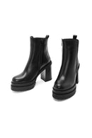Women's Black Zippered High Thick Leather Heeled Boots | Derimod Women's Black Zippered High Thick Leather Heeled Boots | Derimod