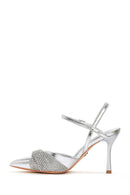 Women's Silver Open Back High Heeled Stilettos with Stones | Derimod Women's Silver Open Back High Heeled Stilettos with Stones | Derimod
