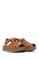 Woman Tan Patterned Thick-Soled Leather Comfort Sandal | Derimod Woman Tan Patterned Thick-Soled Leather Comfort Sandal | Derimod