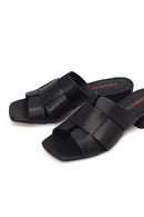 Women's Black Short Thick Heeled Leather Slippers | Derimod Women's Black Short Thick Heeled Leather Slippers | Derimod