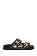Women's Black Double Buckle Straw Leather Slippers | Derimod Women's Black Double Buckle Straw Leather Slippers | Derimod