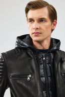 Lyon Men's Black Hooded Leather Jacket | Derimod Lyon Men's Black Hooded Leather Jacket | Derimod