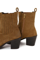 Woman Tan Zip Closure Chunky Heeled Suede Boots | Derimod Woman Tan Zip Closure Chunky Heeled Suede Boots | Derimod