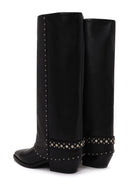 Woman Black Studded Chunky-Heeled Leather Cowboy Boots | Derimod Woman Black Studded Chunky-Heeled Leather Cowboy Boots | Derimod