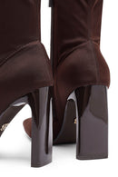 Woman Brown Zip Closure High Thick-Heeled Fabric Boots | Derimod Woman Brown Zip Closure High Thick-Heeled Fabric Boots | Derimod