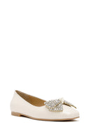 Women's Cream Stoned Leather Ballerina | Derimod Women's Cream Stoned Leather Ballerina | Derimod