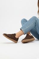 Woman Brown Lace-Up Leopard Print Suede Leather Sneaker | Derimod Woman Brown Lace-Up Leopard Print Suede Leather Sneaker | Derimod