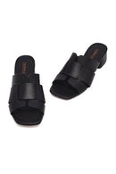 Women's Black Short Thick Heeled Leather Slippers | Derimod Women's Black Short Thick Heeled Leather Slippers | Derimod