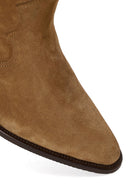 Woman Tan Chunky Heeled Suede Cowboy Boots | Derimod Woman Tan Chunky Heeled Suede Cowboy Boots | Derimod