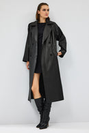 Nicole Women's Black Double Breasted Long Leather Trench Coat | Derimod Nicole Women's Black Double Breasted Long Leather Trench Coat | Derimod