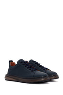 Men's Navy Blue Lace-Up Leather Sneaker | Derimod Men's Navy Blue Lace-Up Leather Sneaker | Derimod