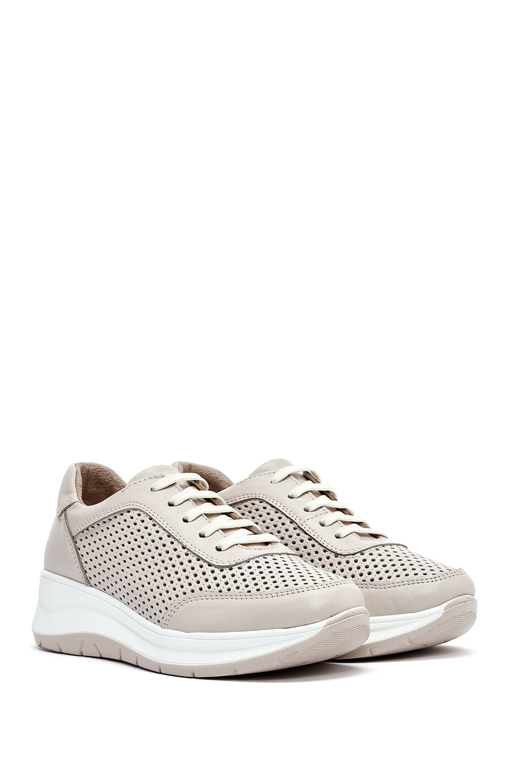 Kadın Krem Bağcıklı Kalın Tabanlı Deri Sneaker