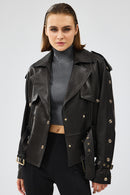 Crystal Women's Black Biker Leather Jacket | Derimod Crystal Women's Black Biker Leather Jacket | Derimod