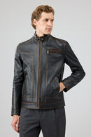 Felibe Men Black Stand Collar Vintage Leather Jacket | Derimod Felibe Men Black Stand Collar Vintage Leather Jacket | Derimod