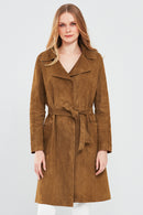 Sardinia Women's Camel Suede Leather Trench Coat | Derimod Sardinia Women's Camel Suede Leather Trench Coat | Derimod