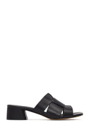 Women's Black Short Thick Heeled Leather Slippers | Derimod Women's Black Short Thick Heeled Leather Slippers | Derimod
