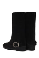 Woman Black Buckled Short Thick-Heeled Suede Boot | Derimod Woman Black Buckled Short Thick-Heeled Suede Boot | Derimod