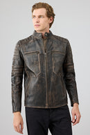 Morant Men's Brown Vintage Slim-Fit Leather Jacket | Derimod Morant Men's Brown Vintage Slim-Fit Leather Jacket | Derimod