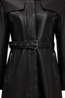 Betina Women's Black Shirt Collar Leather Overcoat | Derimod Betina Women's Black Shirt Collar Leather Overcoat | Derimod