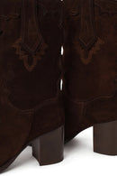 Woman Brown Thick-Heeled Patterned Suede Cowboy Boots | Derimod Woman Brown Thick-Heeled Patterned Suede Cowboy Boots | Derimod