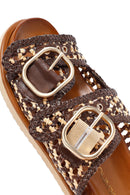 Women's Brown Double Buckled Straw Leather Slippers | Derimod Women's Brown Double Buckled Straw Leather Slippers | Derimod