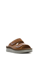 Women's Tan Double-Strap Leather Comfort Slippers | Derimod Women's Tan Double-Strap Leather Comfort Slippers | Derimod